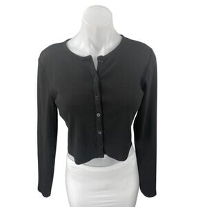 Zara Black Ribbed Knit Long Sleeve Button Up Cardigan Sweater Crop Top Size L